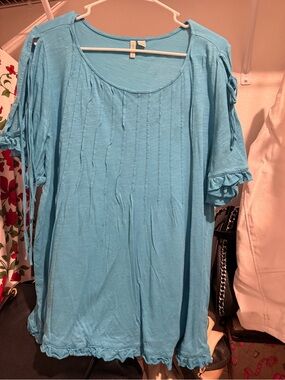 Cato Turquoise Scoop Neck Ruffle Sleeve Tunic